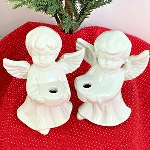 VTG Christmas Angel Candle Holder Figurines Pair White 4"